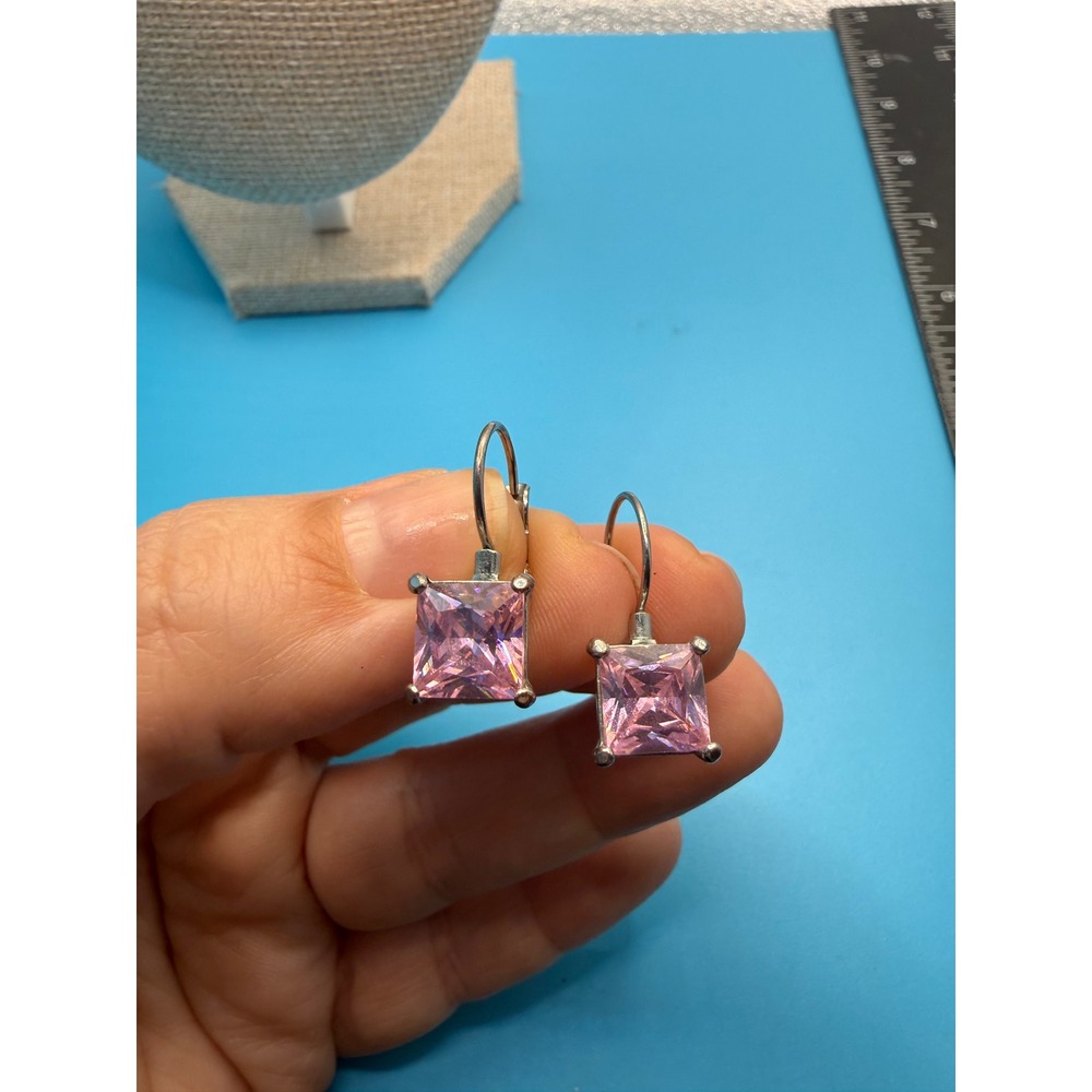Pink Square Cubic Zirconia Leverback‎ Drop Earrings Silver Tone Princess Cut